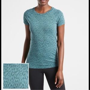 Athleta Momentum Allure Dark Surf Teal Cheetah Print Tee Top